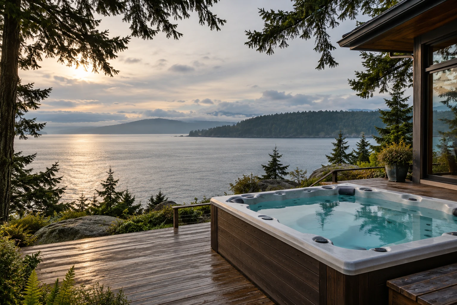 Coastal spa concept: a hot tub on a cedar deck overlooking the water and evergreens